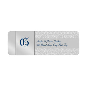 Silver Damask Monogram Blue Wedding Address Label
