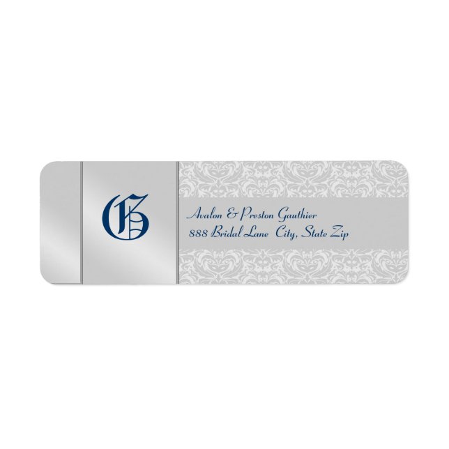 Silver Damask Monogram Blue Wedding Address Label (Front)