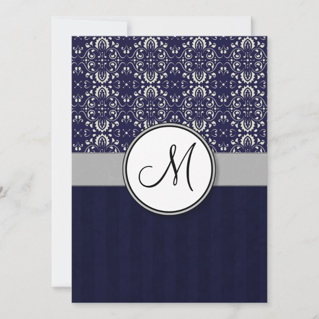 Silver Damask on Blue with Stripes and Monogram Invitation (Front)