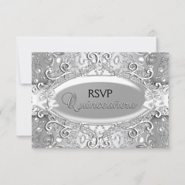 Silver Damask Pearl Quinceanera RSVP (Front)