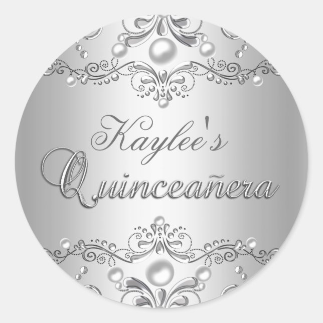 Silver Damask Pearl Quinceanera Sticker (Front)