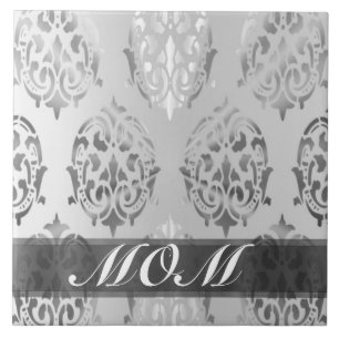 Silver damask personalized mom tile