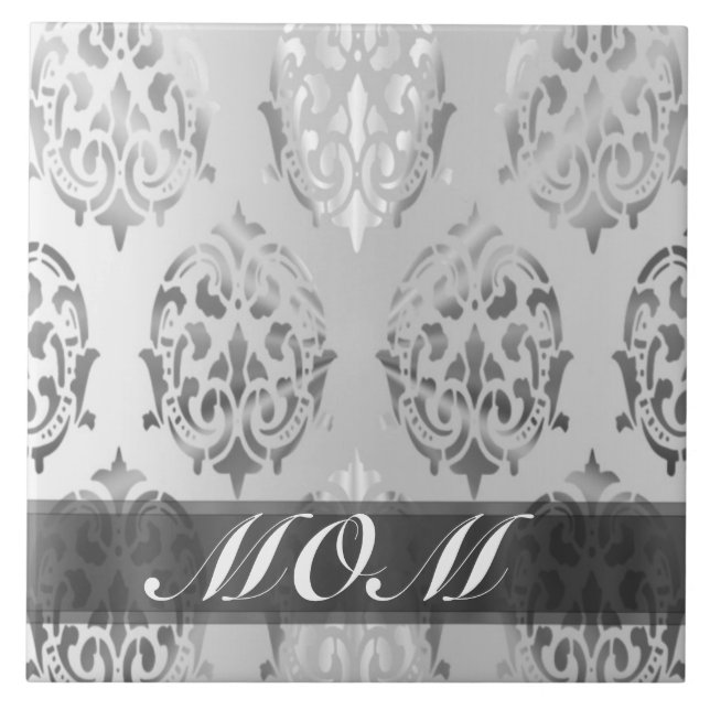 Silver damask personalized mom tile (Front)