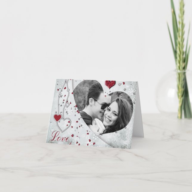 Silver Damask Photo Heart Notecard (Front)