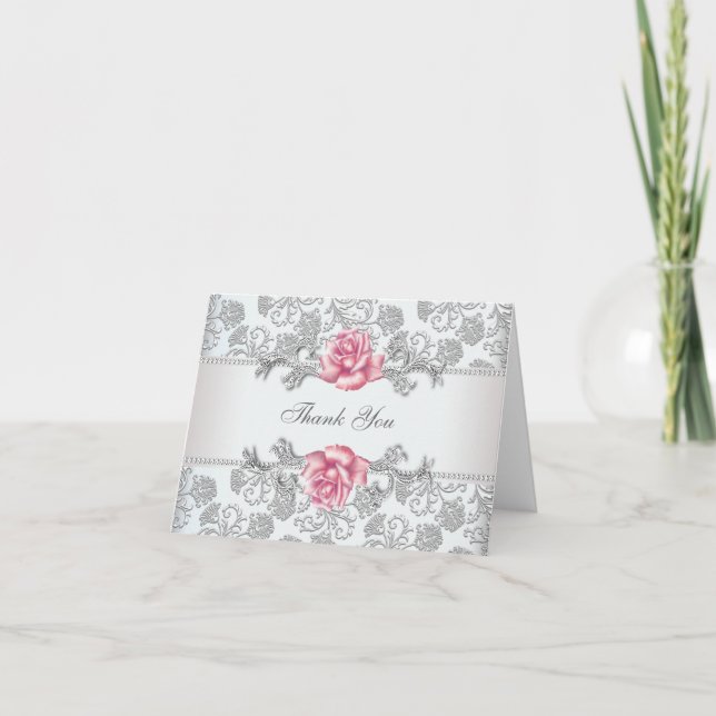 Silver Damask Pink Rose Thank You (Front)