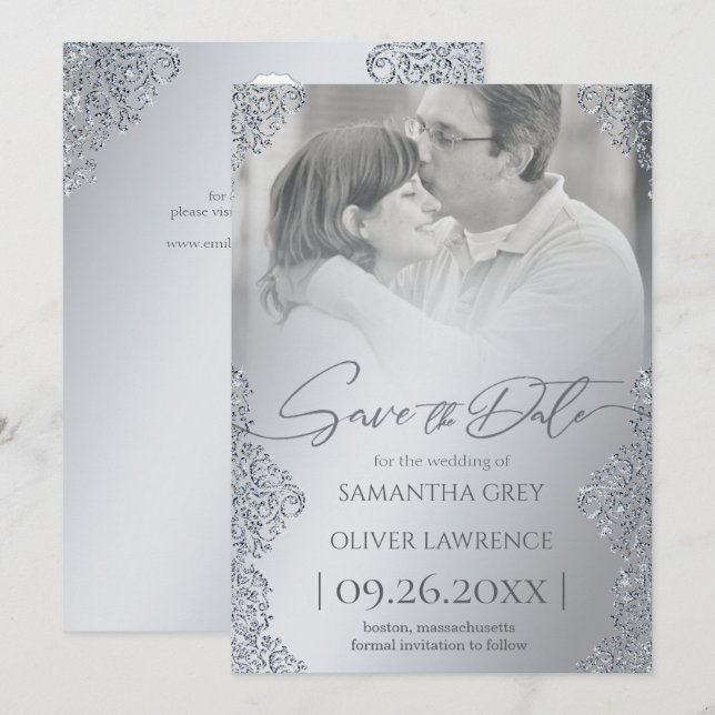 Silver Damask Save the Date Card with Photo (Front/Back)
