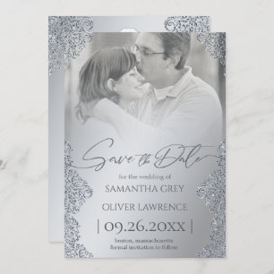 Silver Damask Save the Date Card with Photo