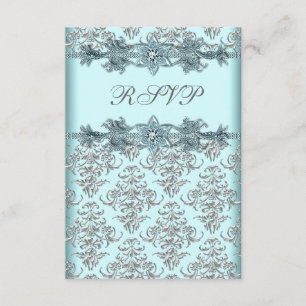Silver Damask Teal Blue Sweet 16 Birthday RSVP