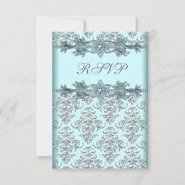 Silver Damask Teal Blue Sweet 16 Birthday RSVP Card (Front)