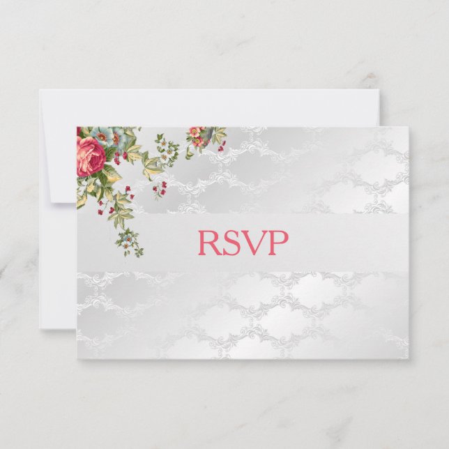 Silver Damask Wedding RSVP Floral Card (Front)