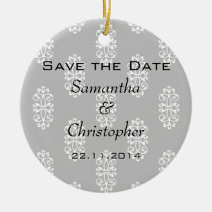 Silver Damask Wedding Save the Date Ceramic Ornament
