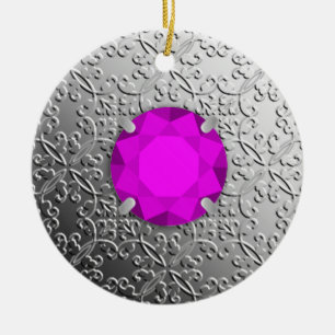 Silver Damask with a faux amethyst gemstone Ceramic Ornament