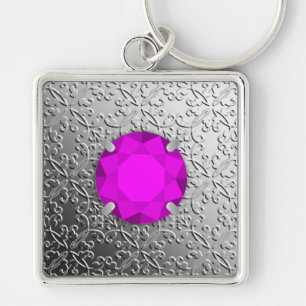Silver Damask with a faux amethyst gemstone Keychain