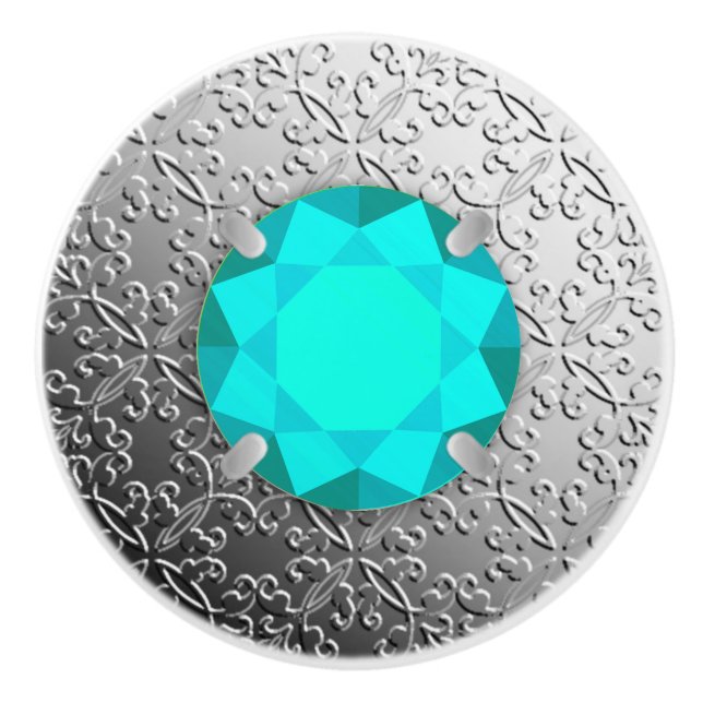 Silver Damask with a faux aquamarine gemstone Ceramic Knob (Front)