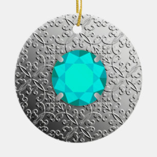Silver Damask with a faux aquamarine gemstone Ceramic Ornament