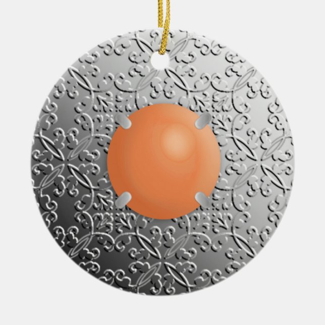 Silver Damask with a faux coral gemstone Ceramic Ornament (Front)
