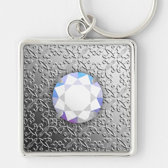 Silver Damask with a faux diamond gemstone Keychain (Front)