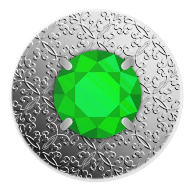 Silver Damask with a faux emerald gemstone Ceramic Knob (Front)