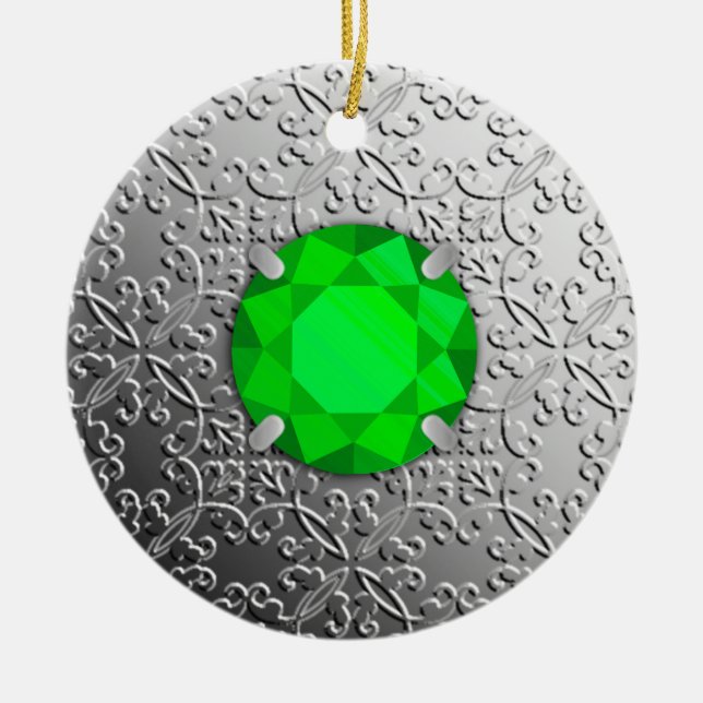 Silver Damask with a faux emerald gemstone Ceramic Ornament (Front)