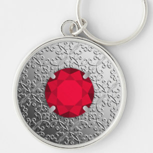 Silver Damask with a faux garnet gemstone Keychain