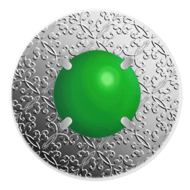 Silver Damask with a faux jade gemstone Ceramic Knob (Front)