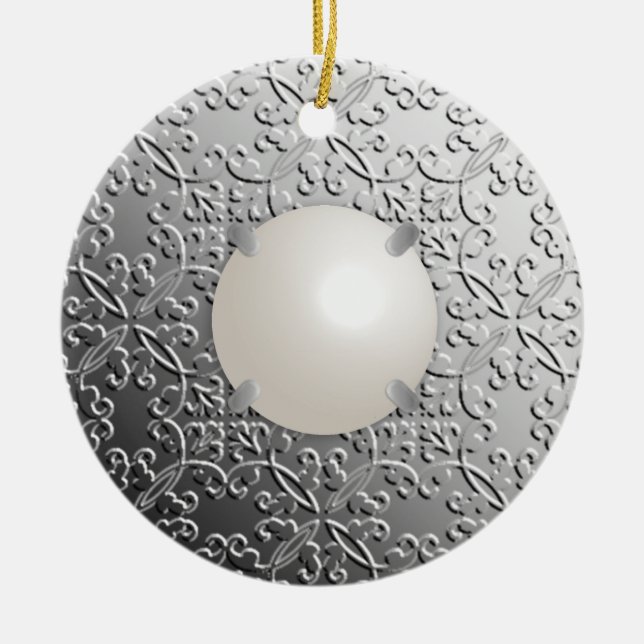 Silver Damask with a faux mabe pearl Ceramic Ornament (Front)
