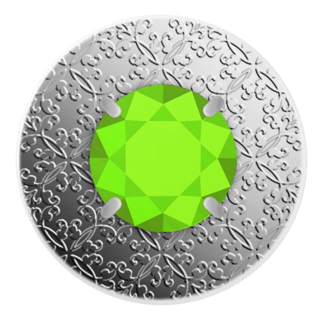 Silver Damask with a faux peridot gemstone Ceramic Knob (Front)