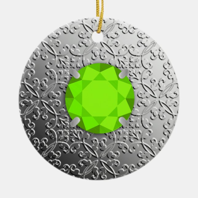 Silver Damask with a faux peridot gemstone Ceramic Ornament (Front)