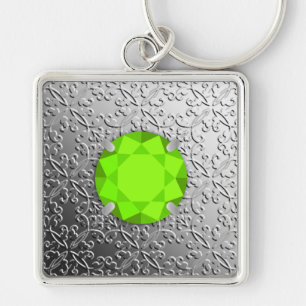 Silver Damask with a faux peridot gemstone Keychain