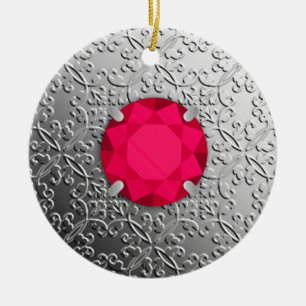 Silver Damask with a faux ruby gemstone Ceramic Ornament