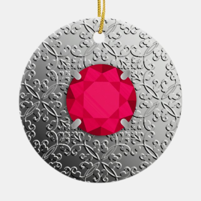 Silver Damask with a faux ruby gemstone Ceramic Ornament (Front)