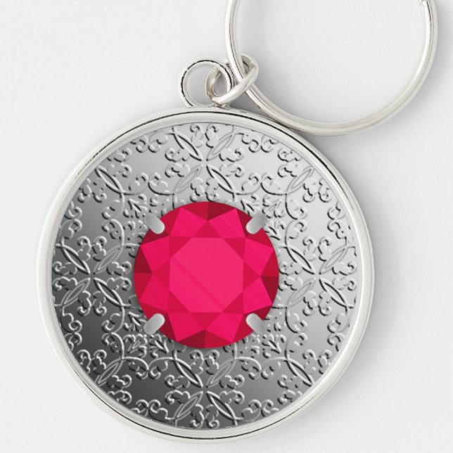 Silver Damask with a faux ruby gemstone Keychain (Front)