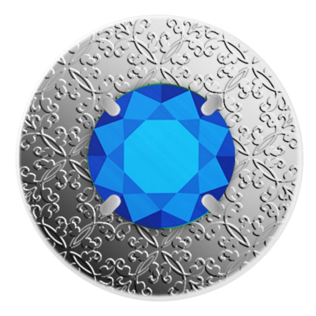 Silver Damask with a faux sapphire gemstone Ceramic Knob (Front)