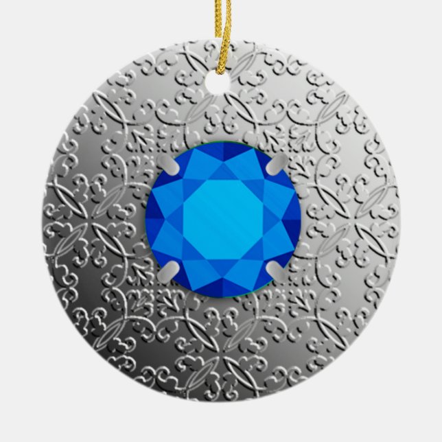 Silver Damask with a faux sapphire gemstone Ceramic Ornament (Front)