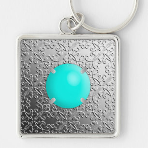 Silver Damask with a faux turquoise gemstone Keychain