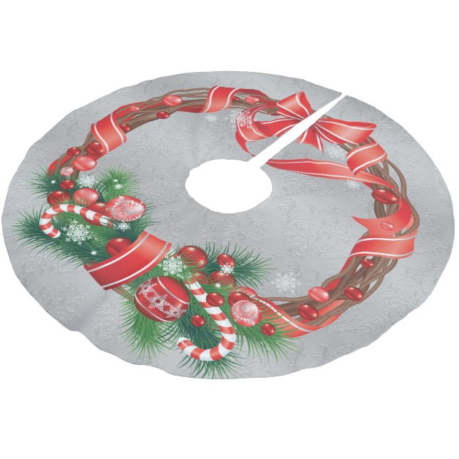 Silver Damask  with Christmas Wreath Brushed Polyester Tree Skirt (Angled)