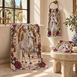 Silver Dapple Andalusian Burgundy Rose Spanish Bath Towel Set