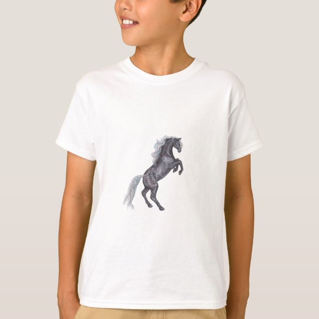 Silver Dapple Horse Rearing Black Pony Equine Grey T-Shirt (Front)