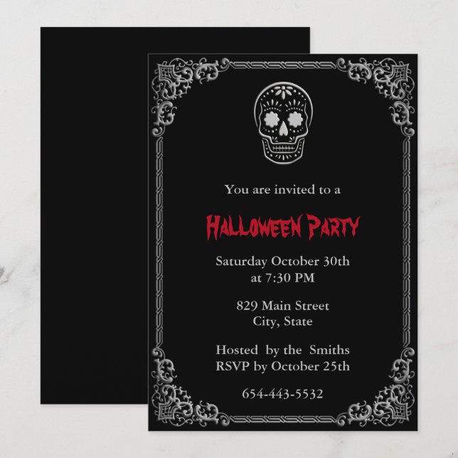 Silver Day Of The Dead Sugar Skull Halloween Invitation (Front/Back)