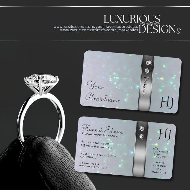 Silver Decor Light Blue Pearl Glitter and Monogram Business Card (Creator Uploaded)