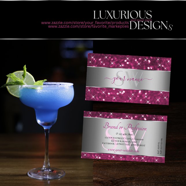 Silver Decor Pink Glitter Sparking Stars Initials  Business Card (Creator Uploaded)