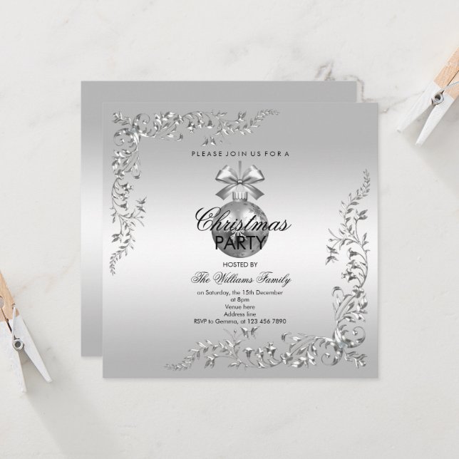 Silver Decoration Christmas Bauble Party Invitation (Front/Back In Situ)
