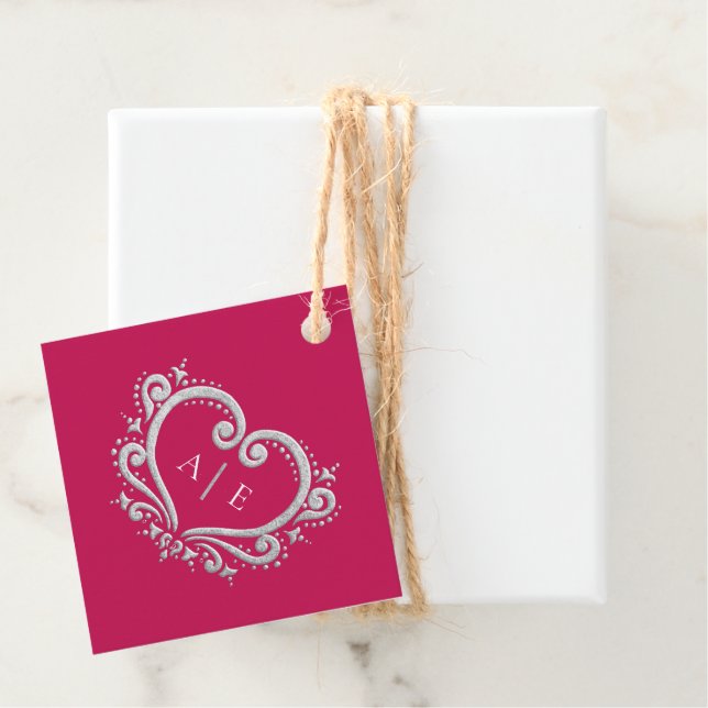 Silver decorative heart monogram berry red wedding favour tags (In Situ)