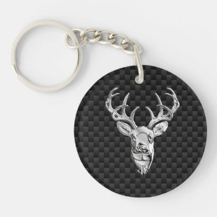 Silver Deer Buck on Carbon Fibre Style Decor Keychain