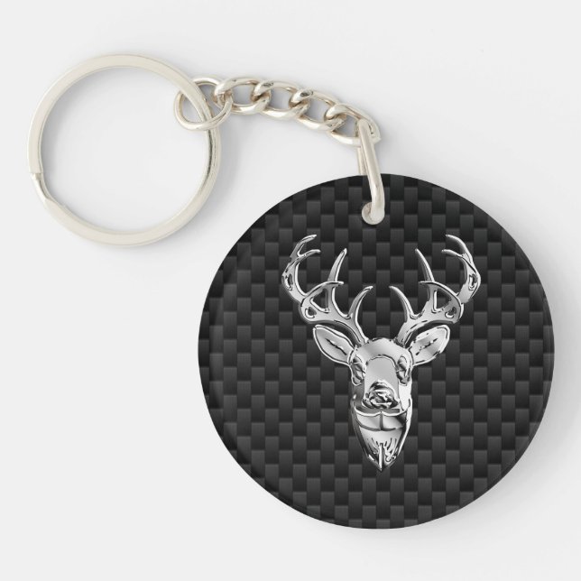 Silver Deer Buck on Carbon Fibre Style Decor Keychain (Front)