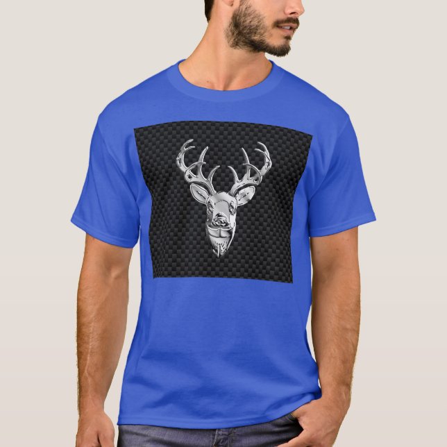 Silver Deer Buck on Carbon Fibre Style Decor T-Shirt (Front)