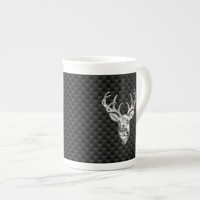 Silver Deer Design on Carbon Fibre Style Print Bone China Mug (Front Right)