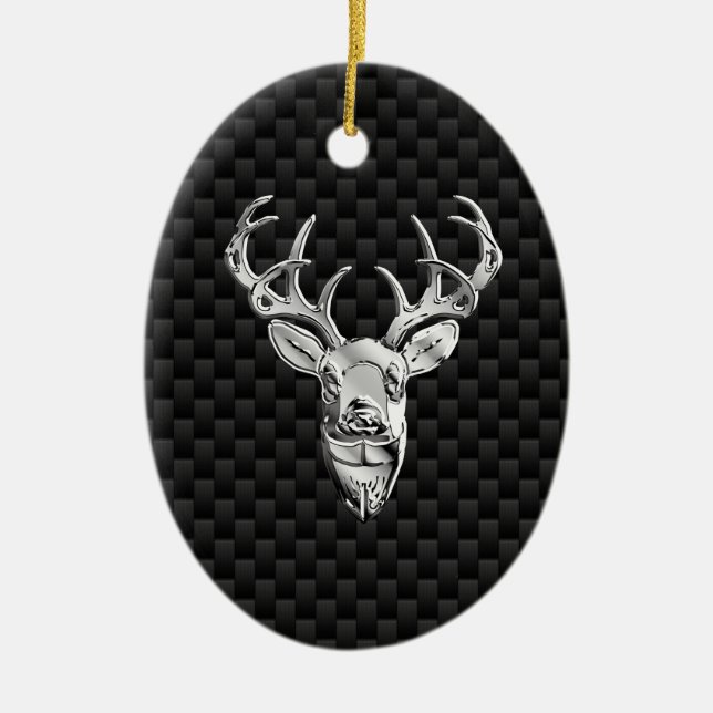 Silver Deer Face on Carbon Fibre Style Print Ceramic Ornament (Front)
