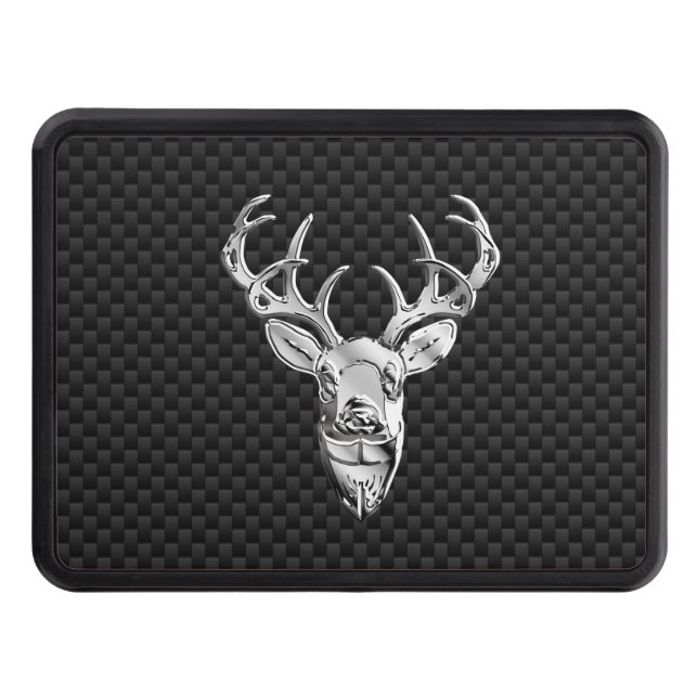 Silver Deer Face on Carbon Fibre Style Print Trailer Hitch Cover (Front)