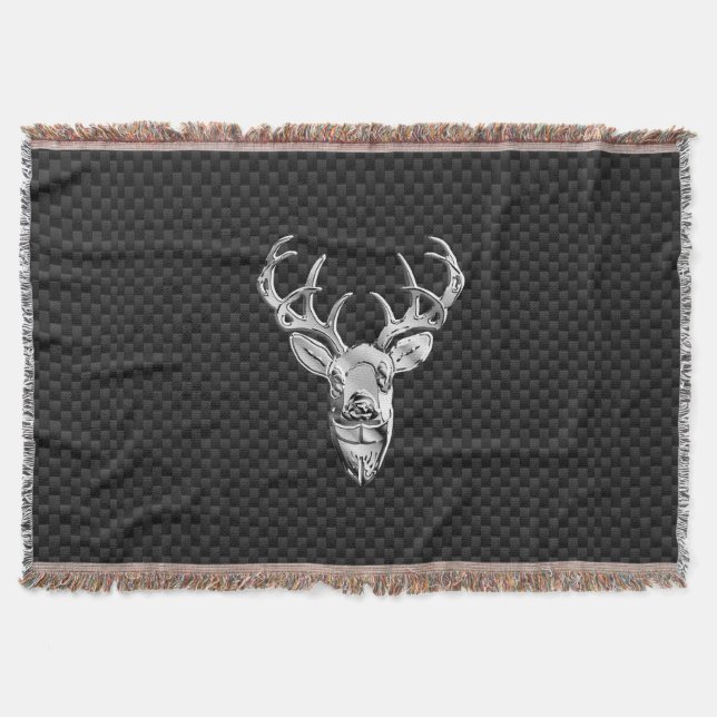 Silver Deer Graphic on Carbon Fibre Style Print Throw Blanket (Front)